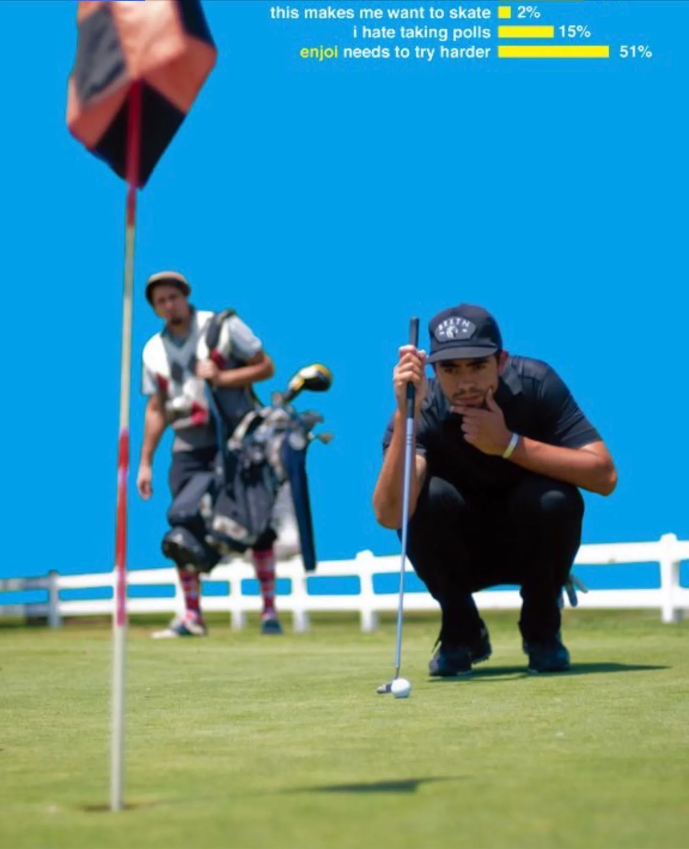 enjoi ad — Jose Rojo reading a putt in full skate clothes